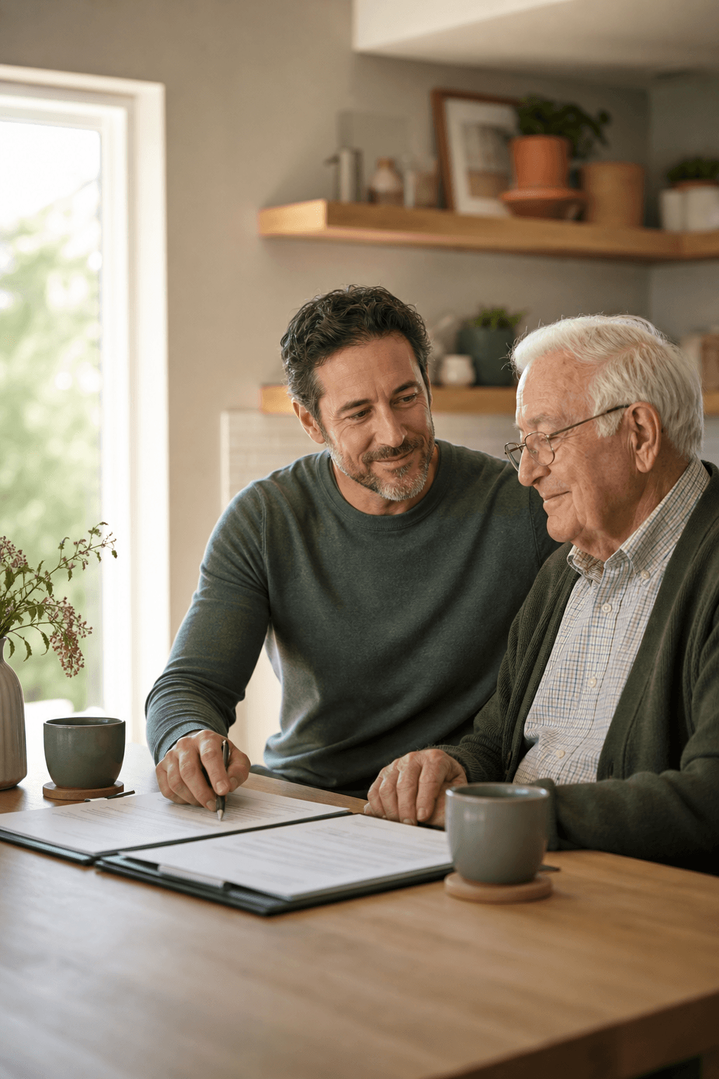 An adult son sitting with his father at a kitchen table, calmly reviewing estate paperwork together